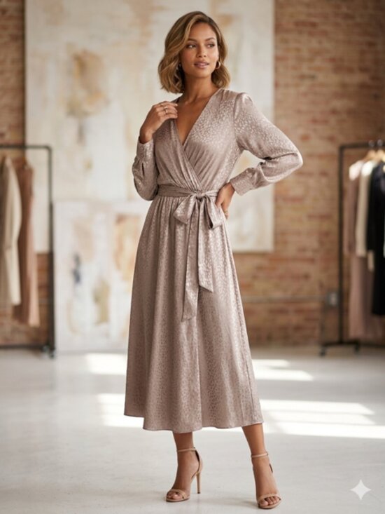 Alexa B Dresses & Skirts - Alexa B Women’s Faux Wrap Midi/Maxi Dress Taupe Animal Leopard Print Sz 12 Glam